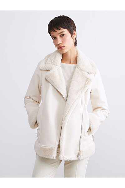 LC Waikiki Vision Ecru Fur Collar Women's Leather-Look Coat