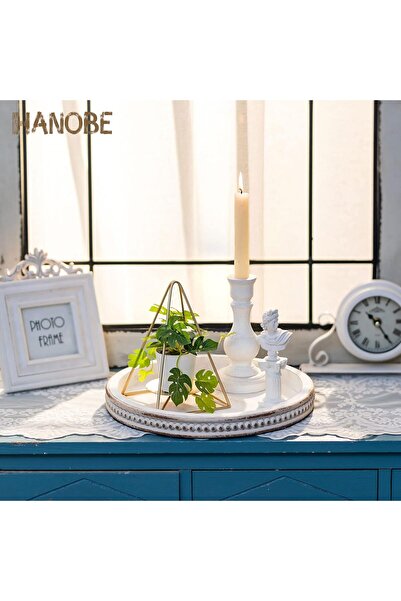 Hanobe Decorative Round Wooden Serving Tray, White-Washed Bead Edge, 30cm Rustic Farmhouse Centerpie