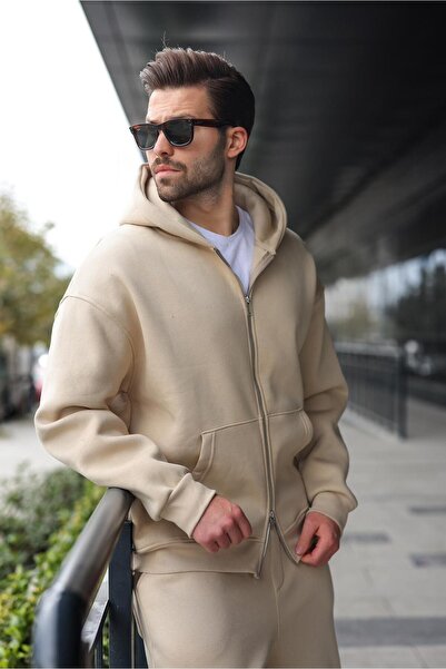Madmext Beige Double Zipper Hooded Tracksuit Set E7345