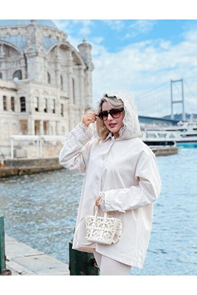 Lavanta Tekstil Trench Coat Jacket with Sleeve and Hood Lace Detail and Bow on the Back