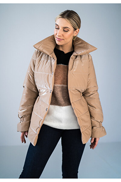 Figl Women's Quilted Jacket - Women's Shiny Jacket - Beige M933 Size L/XL