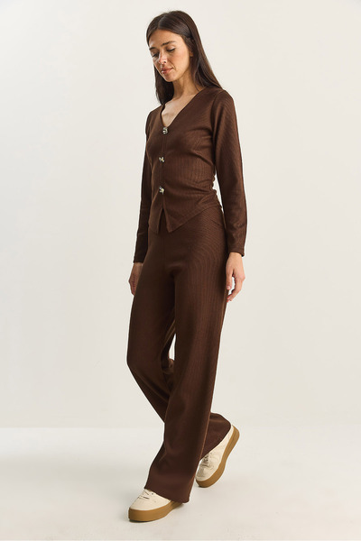 Bianco Lucci Women's V-Neck Button Accent Piece Thessaloniki Top and Bottom Set 4107 60283782