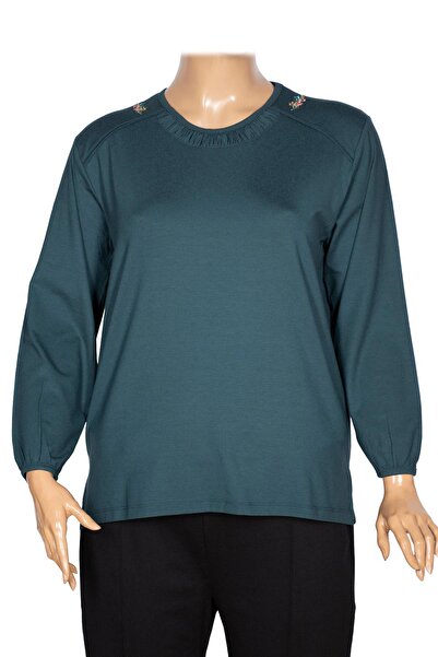 Pıtırcık Cimariva Women's Meyra Plus Size O Neck Embroidered Dark Turquoise Blouse