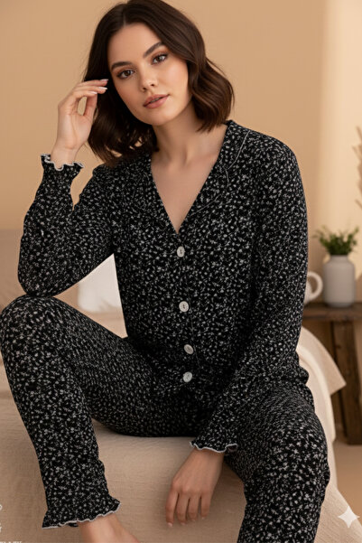 ELİTOL Women's Pajama Set with Wrinkled Texture and Ruffle Detail