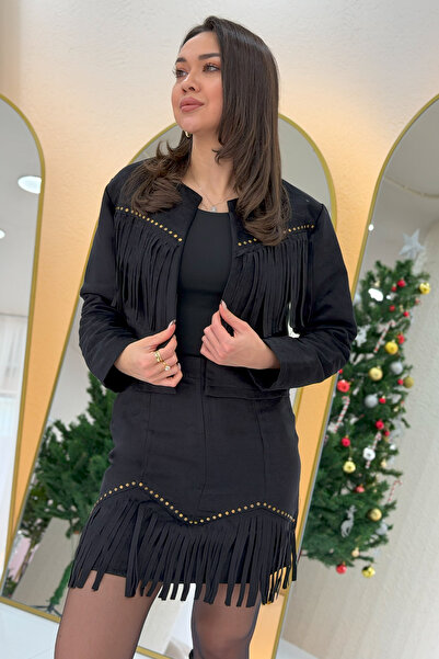 the ZKS Women's Tassel Jacket Skirt Two-Piece Suede Set Brown, Black, Tan