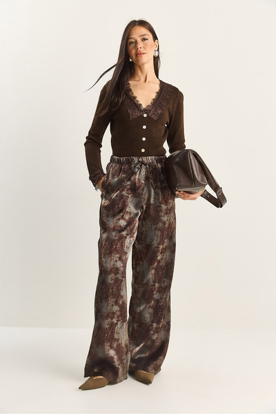 Bianco Lucci Women's Shiny Effect Wide Leg Trousers with Pocket Detail Dp251020 60283836