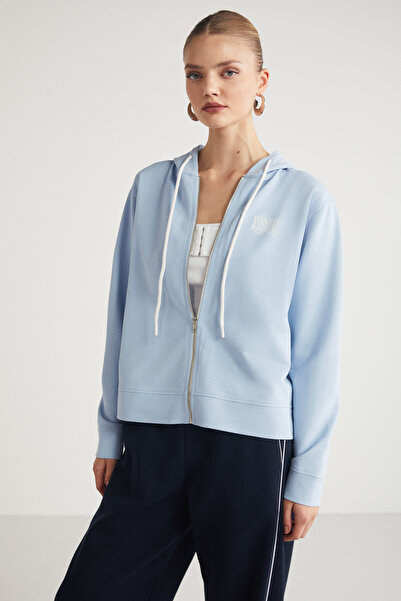 ETHIQUET Aıtana Kadın Relaxed Kapüşonlu Fermuarlı Sırt Baskı Detaylı Açık Mavi Sweatshirt