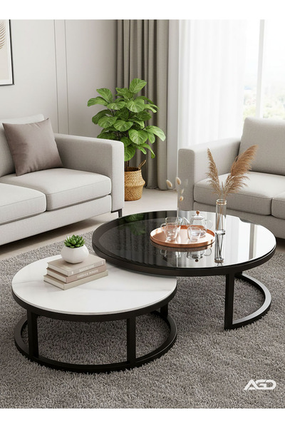 AGD 2-Piece Modern Nesting Round Coffee Table Set, Black/White