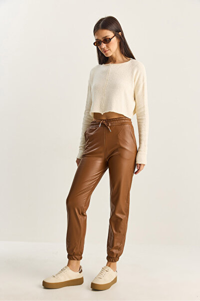 Bianco Lucci Women's Faux Leather Pants with Fur Inside Leg and Elastic Waist with Pocket Detail 1548 60282042