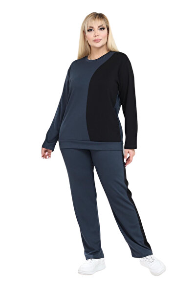 MELSAY Women's Plus Size Navy Blue-Black Color Block Modal Tracksuit Set