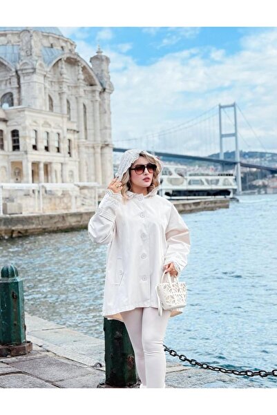 Lavanta Tekstil Trench Coat Jacket with Sleeve and Hood Lace Detail and Bow on the Back