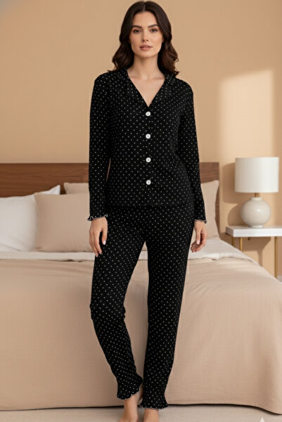 ELİTOL Women's Pajama Set with Wrinkled Texture and Ruffle Detail