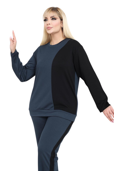 MELSAY Women's Plus Size Navy Blue-Black Color Block Modal Tracksuit Set