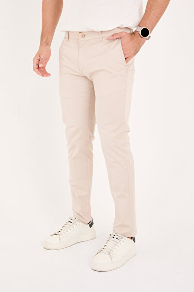 BROCARD Men's Slim Fit Slim Fit Stretch Fabric Cotton Stretch Chino Canvas Trousers Beige