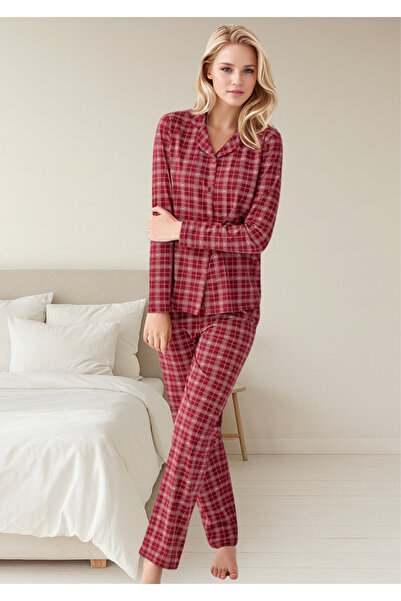 Loule Women's Burgundy Plaid Patterned 100% Cotton Buttoned Pajama Set
