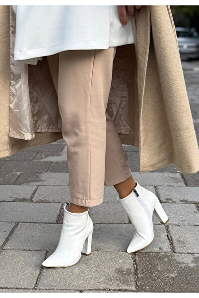 ALFA AKSESUAR 03 Loora White Patent Leather Patterned Heeled Boots