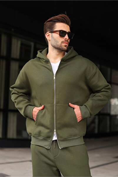 Madmext Khaki Double Zipper Hooded Tracksuit Set E7345