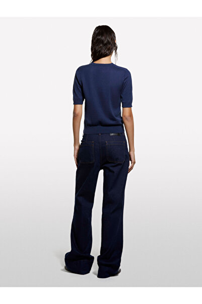 Sisley Cotton and Wool Blend Ribbed Collar Short Sleeve Sweater Women's Pale Navy Blue Sweater - 325A1Sbxm106L