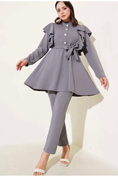 YILMAZBARMAZ Women's Stone Button Ruffle Double Set