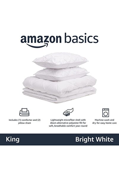 Amazon basics 3-Piece All-Season Duvet Cover Set, King, Bright White, Pinch Pleat with Piping