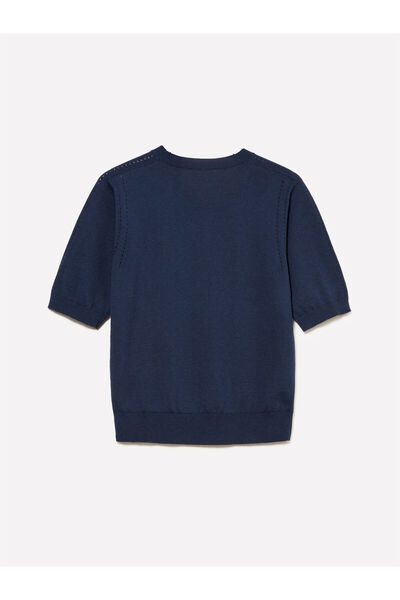 Sisley Cotton and Wool Blend Ribbed Collar Short Sleeve Sweater Women's Pale Navy Blue Sweater - 325A1Sbxm106L