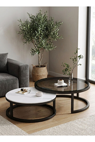 AGD 2-Piece Modern Nesting Round Coffee Table Set, Black/White