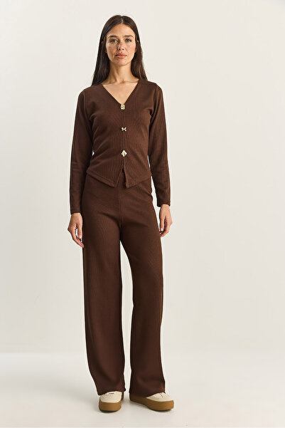 Bianco Lucci Women's V-Neck Button Accent Piece Thessaloniki Top and Bottom Set 4107 60283782