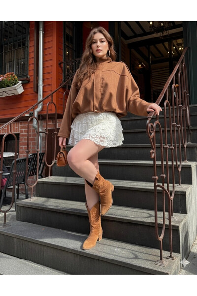 hazelin Women's Tile Oversized Zipper and Snap Closure Pocketless Suede Leather Jacket Hzl25W-Bd107301