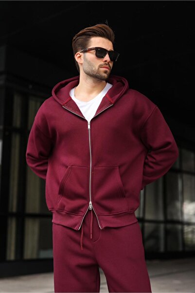Madmext Claret Red Double Zipper Hooded Tracksuit Set E7345