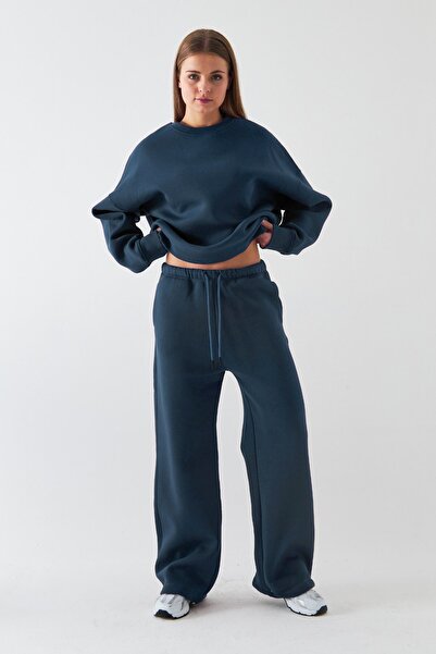 The Champ Clothing Unisex Oversized Tracksuit Set Basic Marine – Crew Neck, Wide Legs, 3 Thread Fleece-Lined Fleece