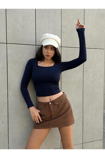 minaaise Lacivert Kare Yaka Uzun Kollu Slimfit Basic Body 27053