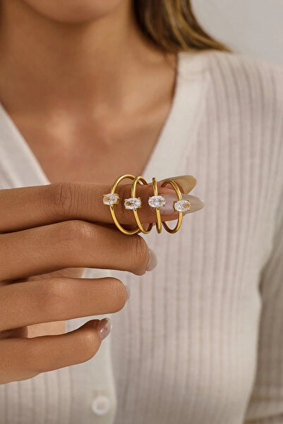 FAYRA ACCESSORIES Zirkon Taşlı Oval Tek Taş Altın Kaplama Yüzük 1 Adet