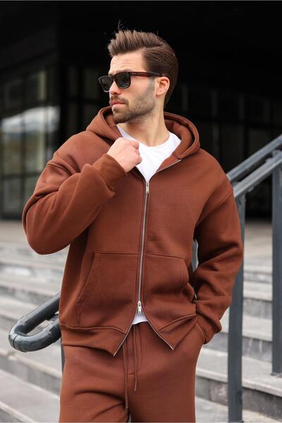 Madmext Bitter Brown Double Zipper Hooded Tracksuit Set E7345