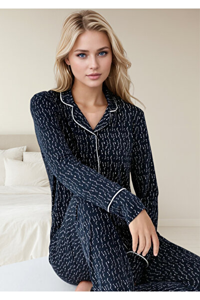 Loule Women's Navy Blue 50% Cotton 50% Modal Long Sleeve Piping Detailed Shirt Pajama Set