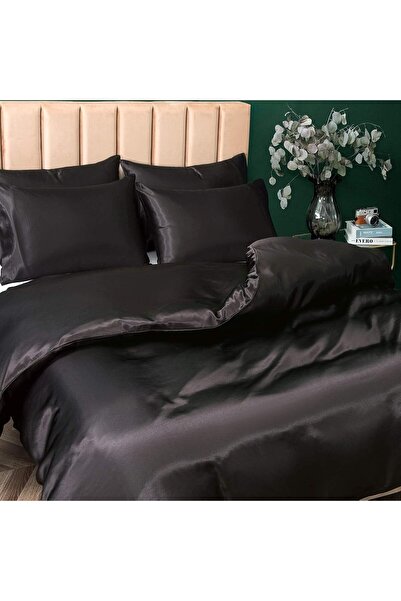 Generic Pothuiny 5-Piece Satin Duvet Cover Set Full/Queen, Black, Zipper Closure, 1 Duvet Cover + 4 Pillowca