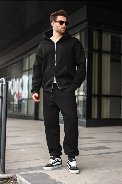 Madmext Black Double Zipper Hooded Tracksuit Set E7345