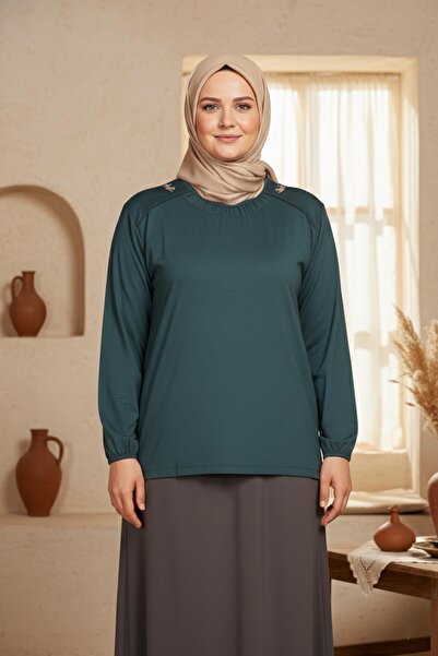Pıtırcık Cimariva Women's Meyra Plus Size O Neck Embroidered Dark Turquoise Blouse