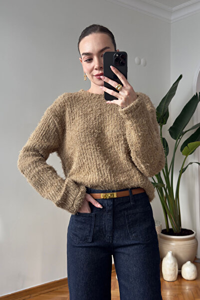 MAGARDE Pulover cu guler rotund și textură pufosă - CAMEL
