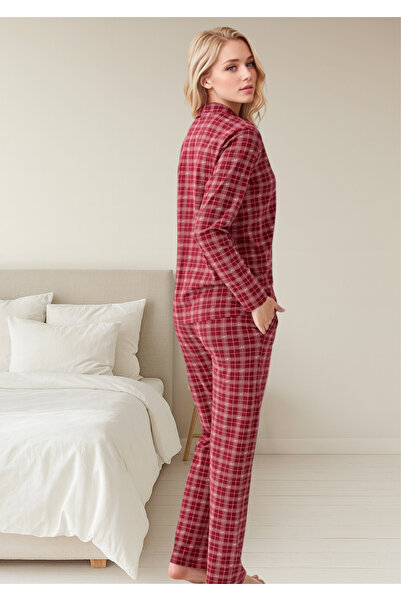 Loule Women's Burgundy Plaid Patterned 100% Cotton Buttoned Pajama Set