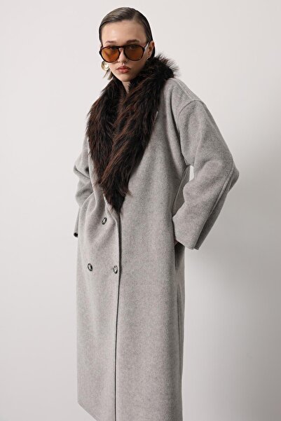 cemo Kaşe Coat Long Model with Fur Collar Detail