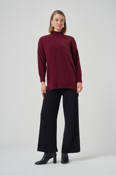 Nuss Embroidery Detail Angora Sweater 7004 Burgundy