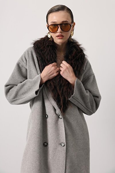 cemo Kaşe Coat Long Model with Fur Collar Detail