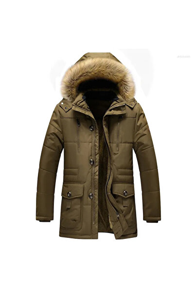 AyShop Thickened Detachable Fur Hooded Inside Fleece Mid-Length Coat Jacket Parka