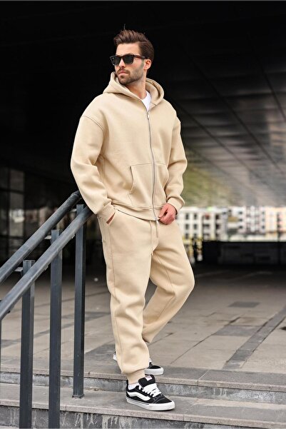 Madmext Beige Double Zipper Hooded Tracksuit Set E7345