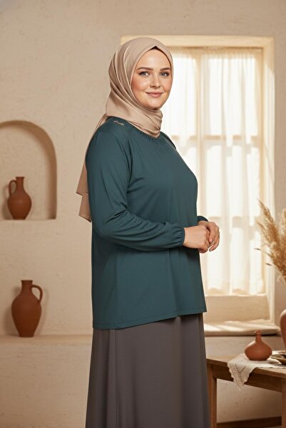 Pıtırcık Cimariva Women's Meyra Plus Size O Neck Embroidered Dark Turquoise Blouse