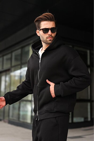 Madmext Black Double Zipper Hooded Tracksuit Set E7345