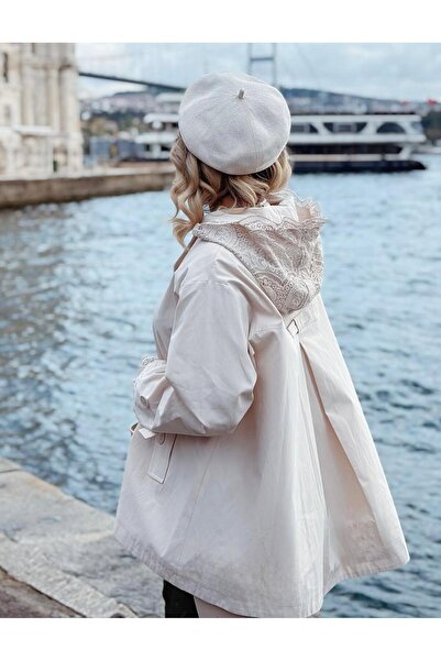 Lavanta Tekstil Trench Coat Jacket with Sleeve and Hood Lace Detail and Bow on the Back