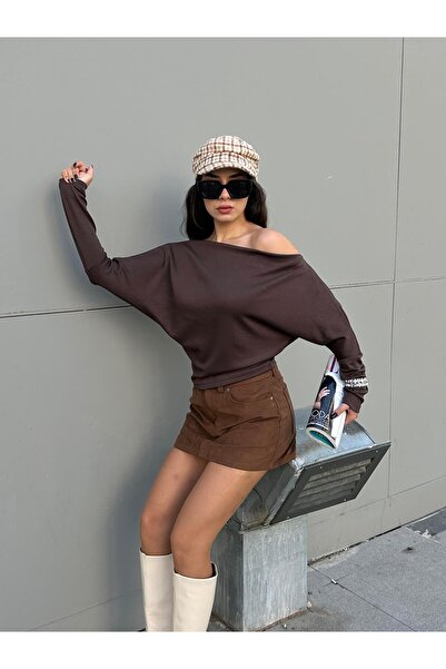 minaaise Women's Coffee Long Sleeve Off Shoulder Blouse 30100