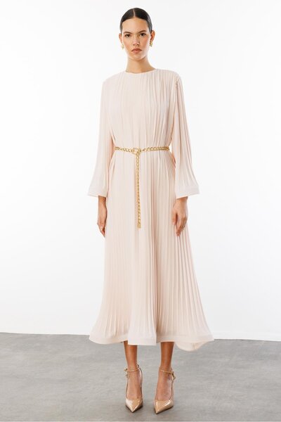 Nefeli Piliseli Grenli Zincir Kemerli Elbise BEJ