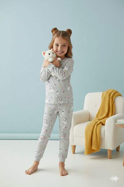 ROSAMİNA Girl's 100% Cotton Gray Cat Patterned Pajama Set